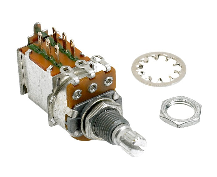 A rotary potentiometer with pin terminals, a locking washer, and a hex nut placed next to it on a white background.