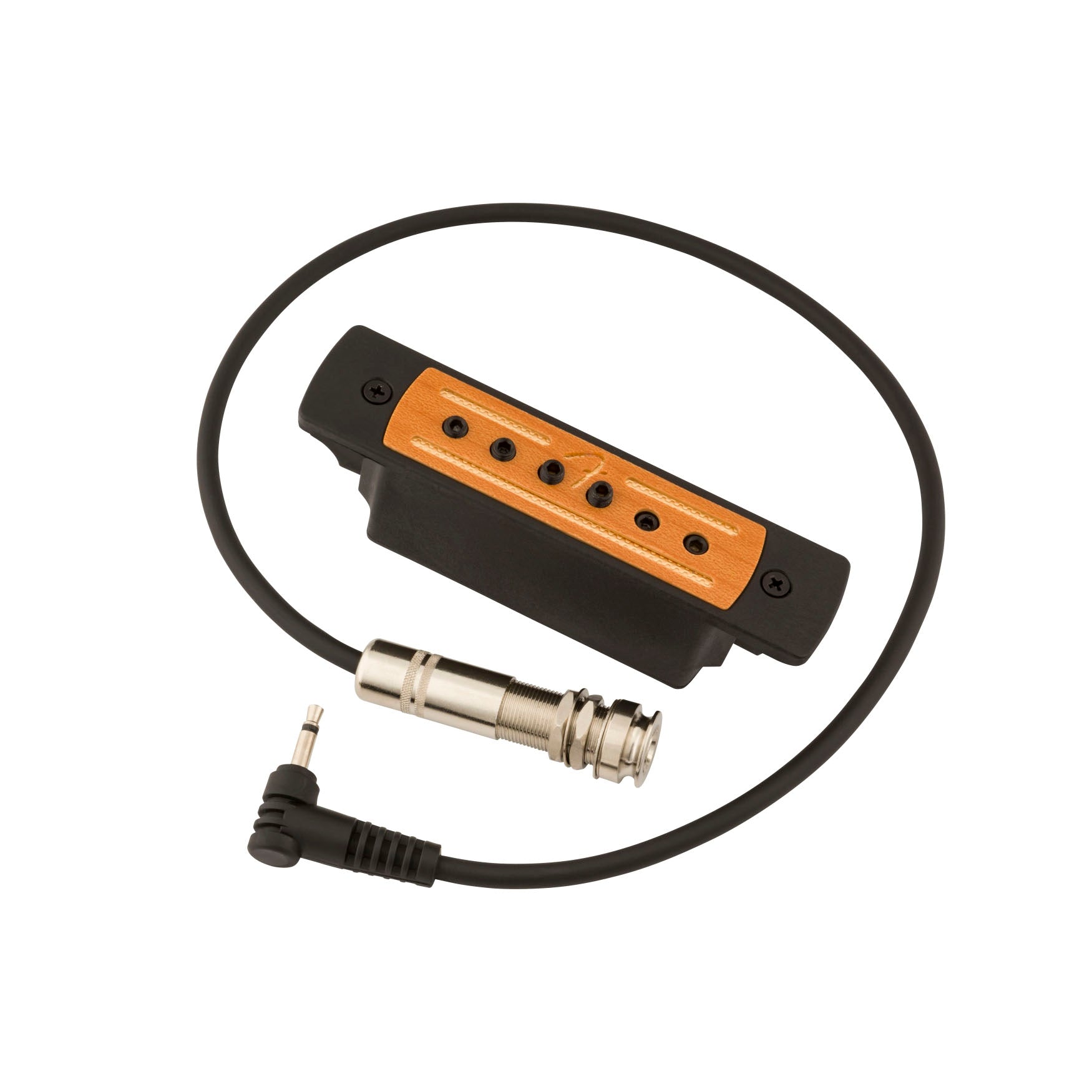 Black and brown acoustic guitar soundhole pickup with cable and XLR style and 3.5mm connectors