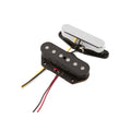 Two guitar pickups with wires, one with a chrome cover and one with black pole pieces, shown on white background.