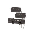 Three black rectangular guitar pickups with four pole pieces each and wires attached.