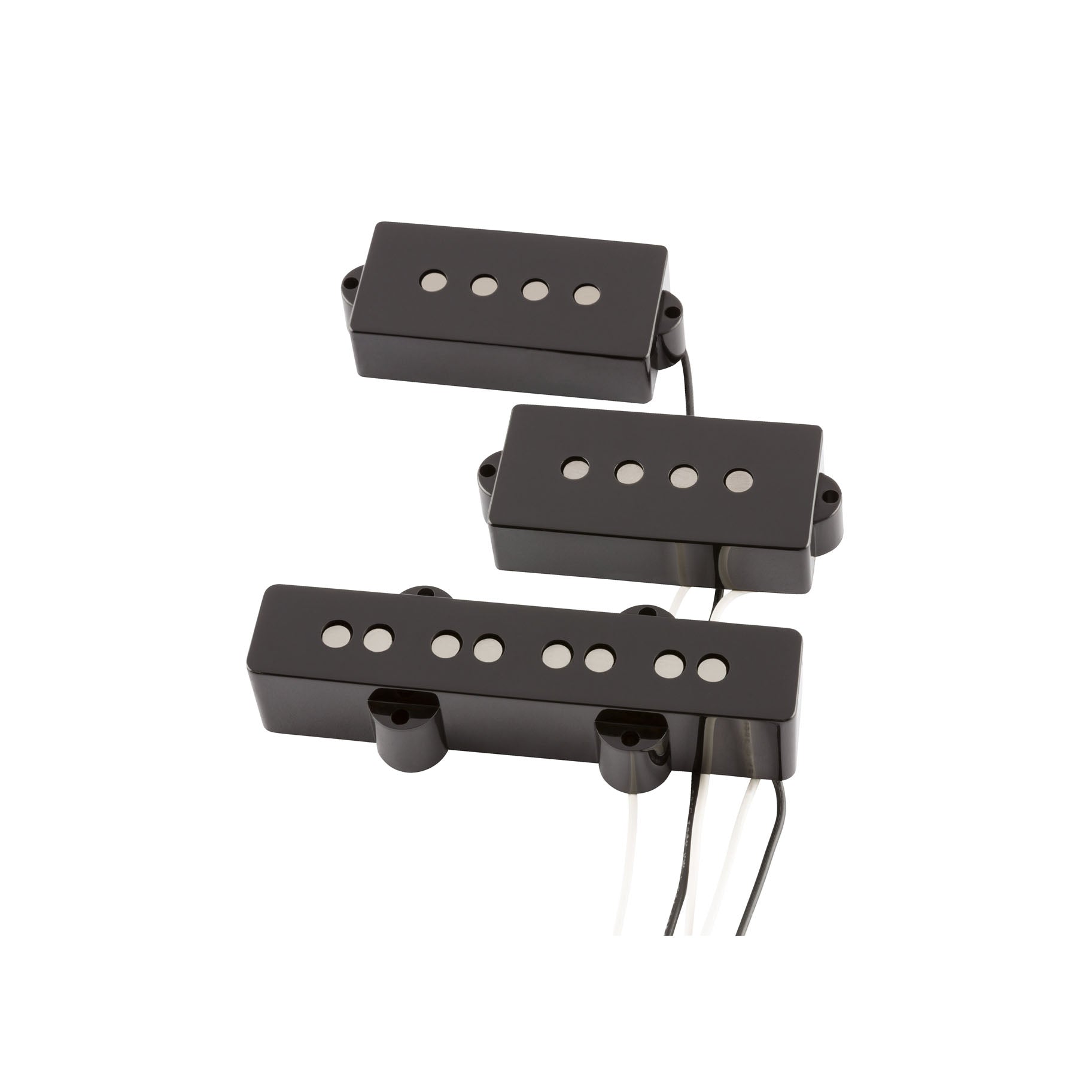 Three black rectangular guitar pickups with four pole pieces each and wires attached.