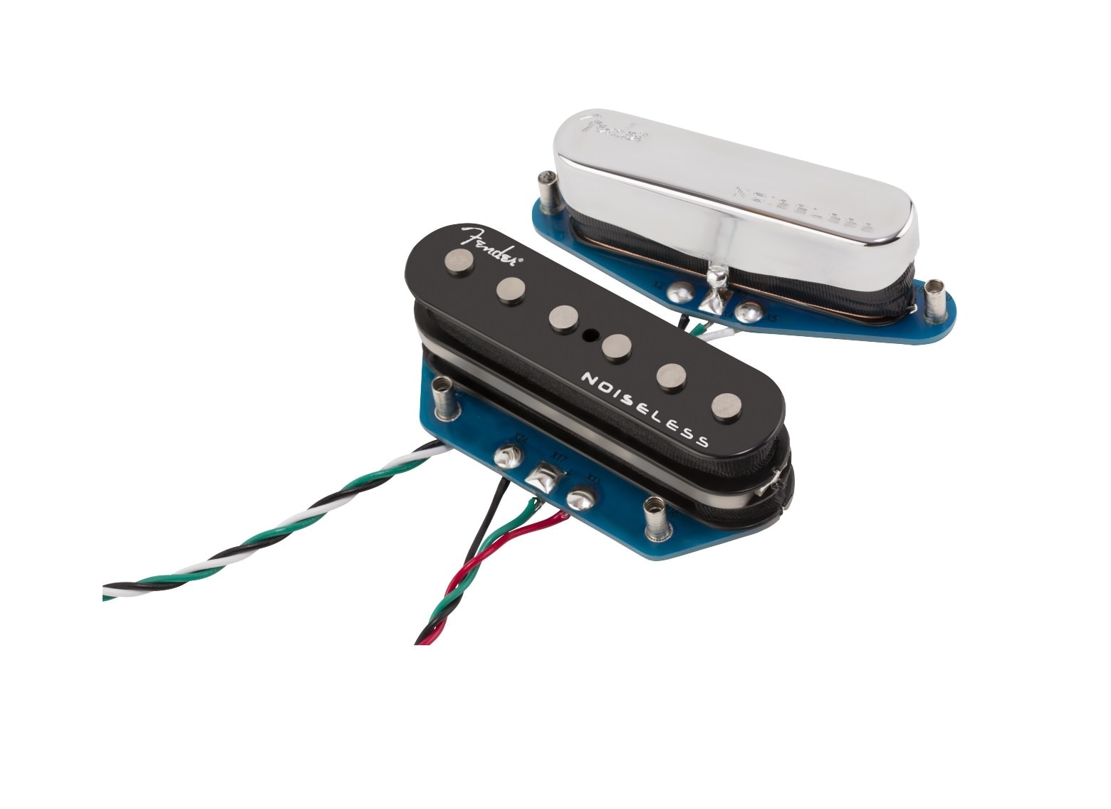 Two guitar pickups with wires, one black labeled noiseless and one silver with Fender logo, on blue bases.