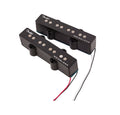 Two black electric guitar or bass pickups with visible pole pieces and attached wires.