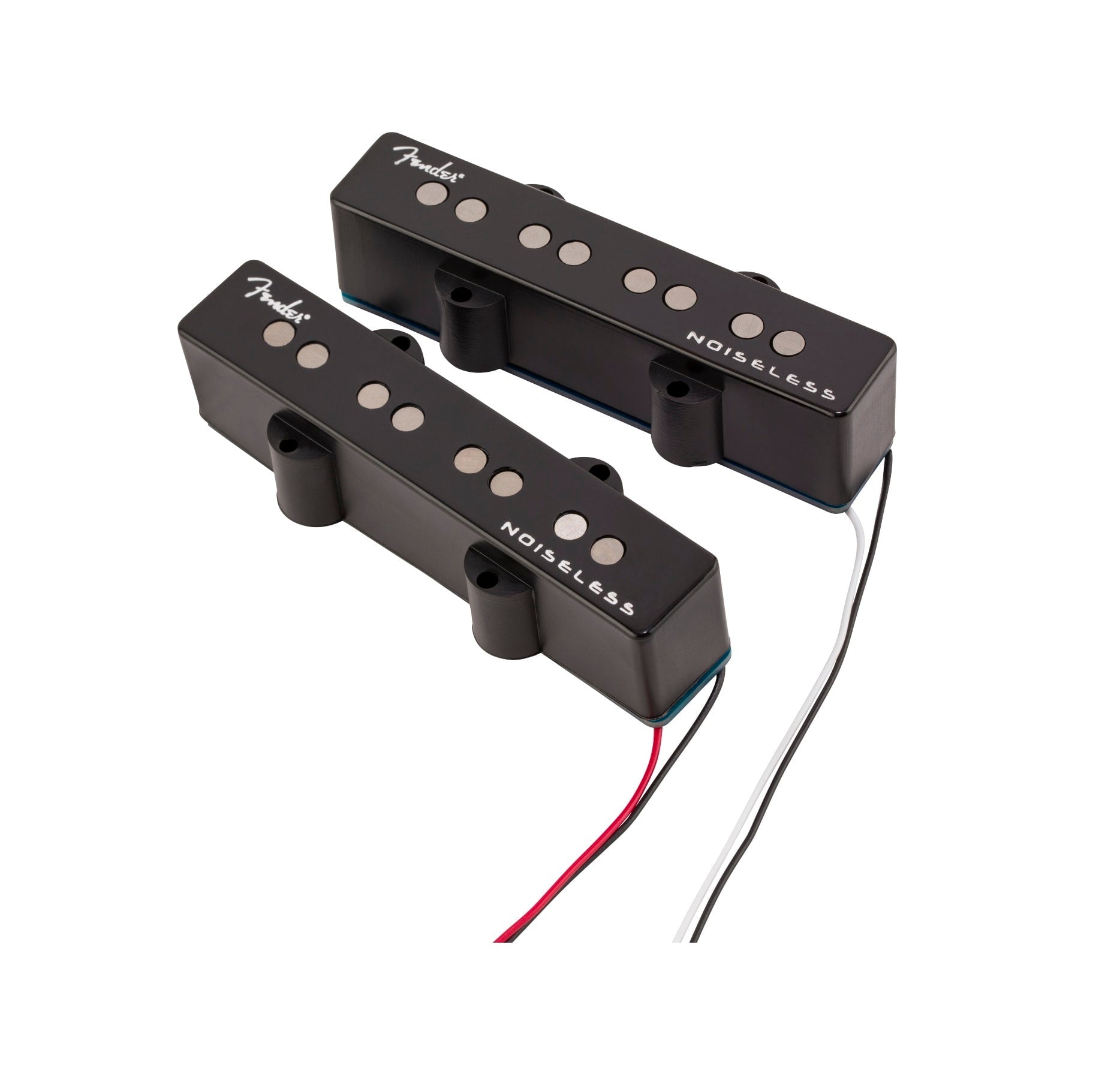 Two black electric guitar or bass pickups with visible pole pieces and attached wires.
