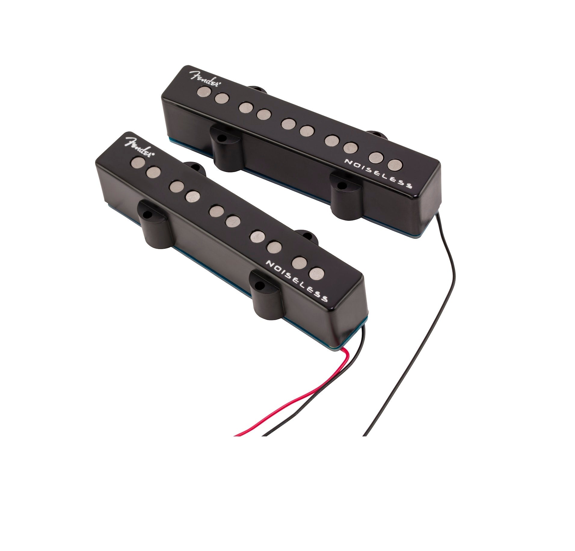 Two black Fender noiseless pickups for electric bass with visible wires attached.