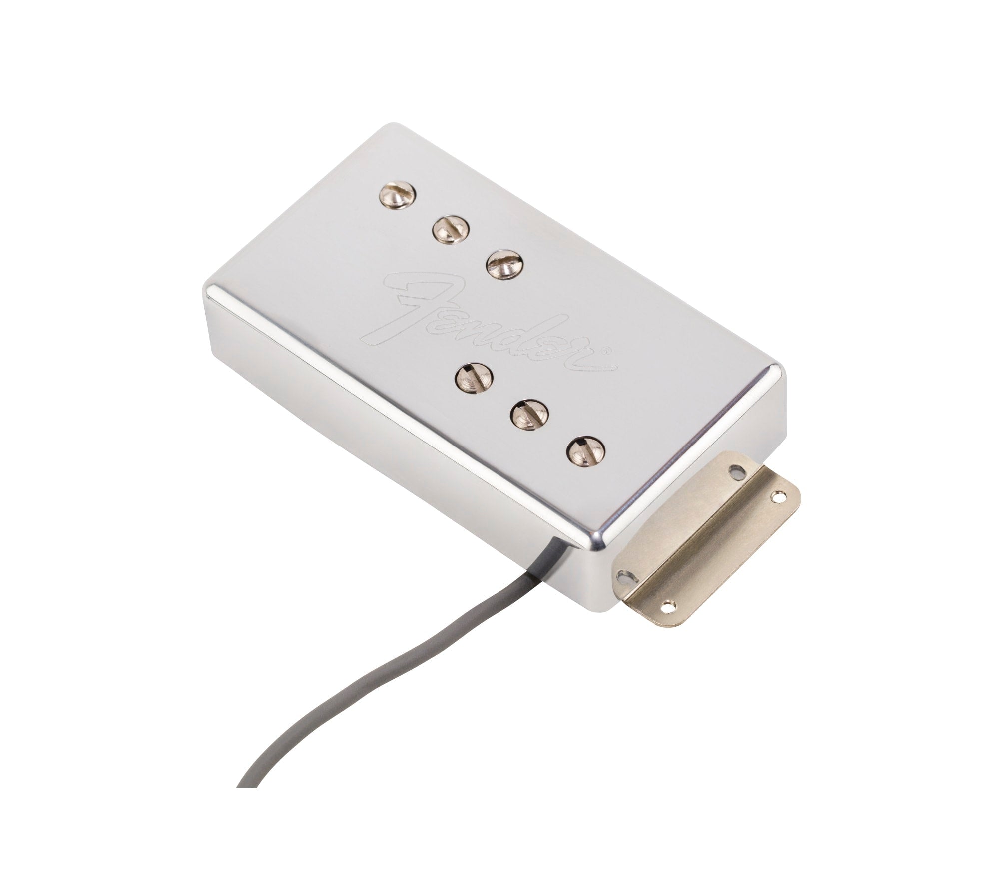 Rectangular metal guitar pickup with six adjustable screws and an attached gray wire.