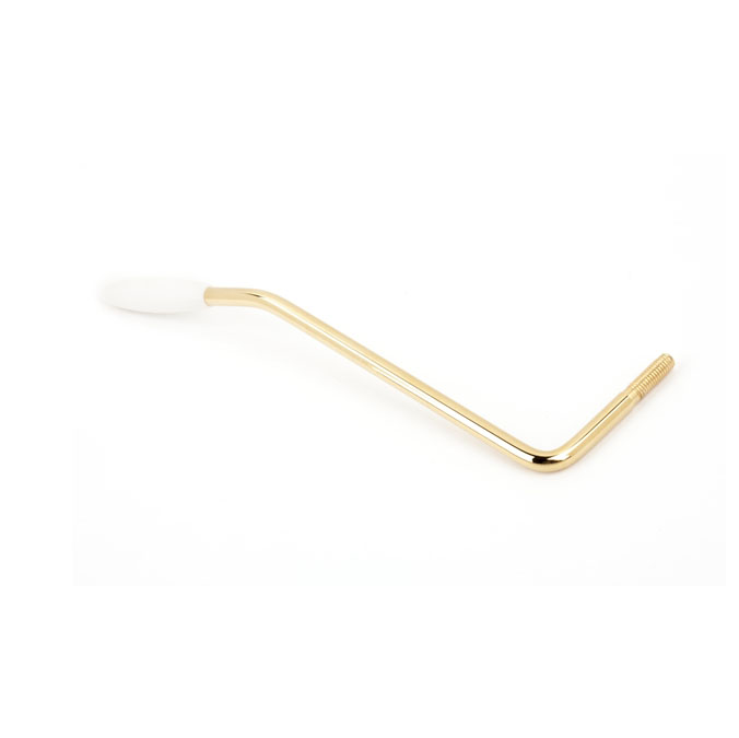 Gold-colored tremolo arm with a white plastic tip on a white background.