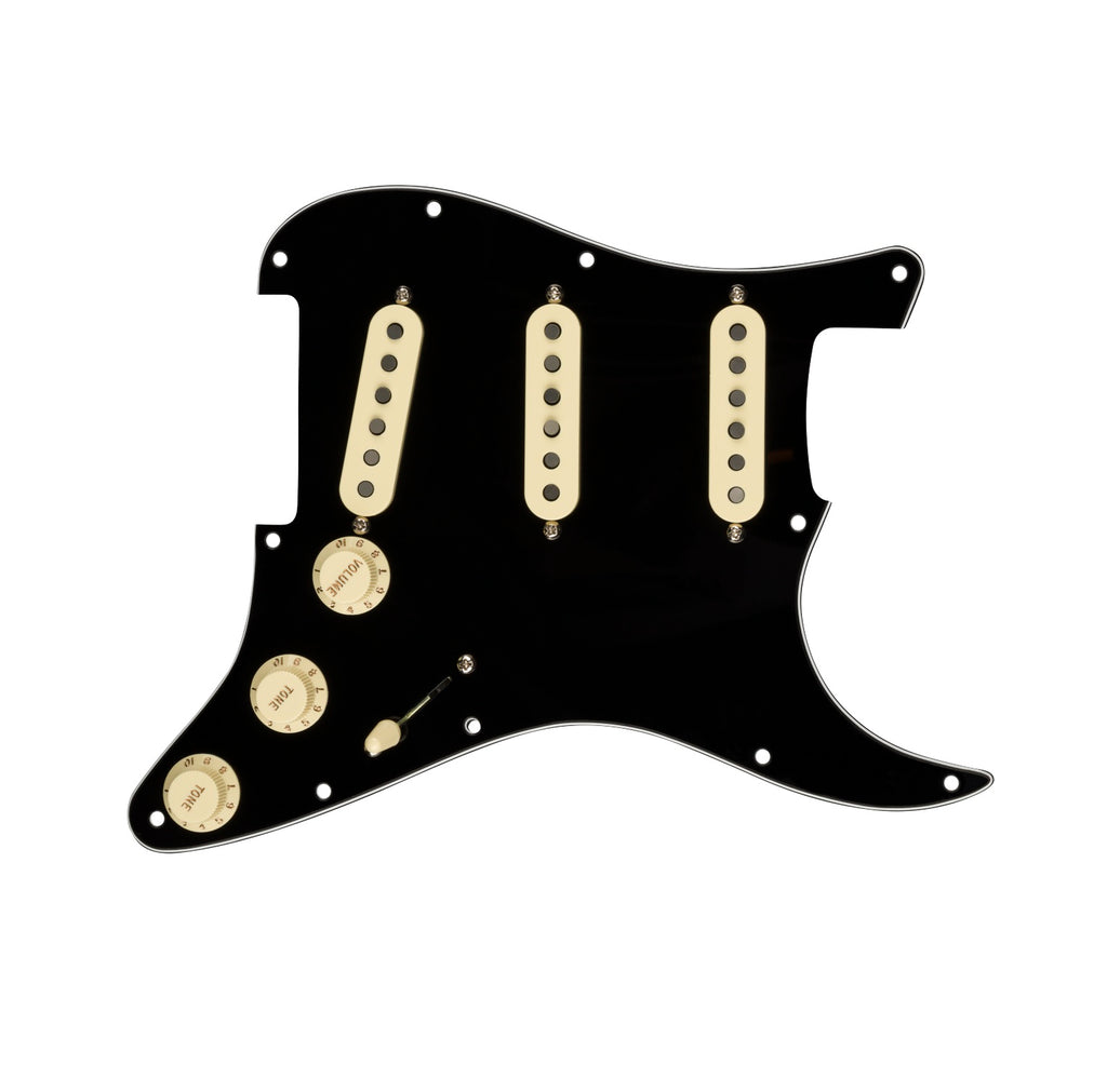 Black pre-wired pickguard with three cream single-coil pickups, three knobs, and a toggle switch.