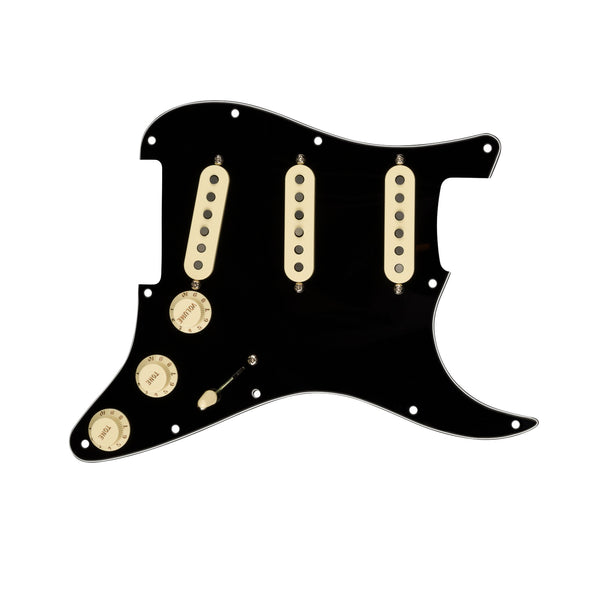 Black pre-wired pickguard with three cream single-coil pickups, three knobs, and a toggle switch.