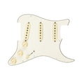 Off-white guitar pickguard with three single-coil pickups, three control knobs, and a toggle switch.