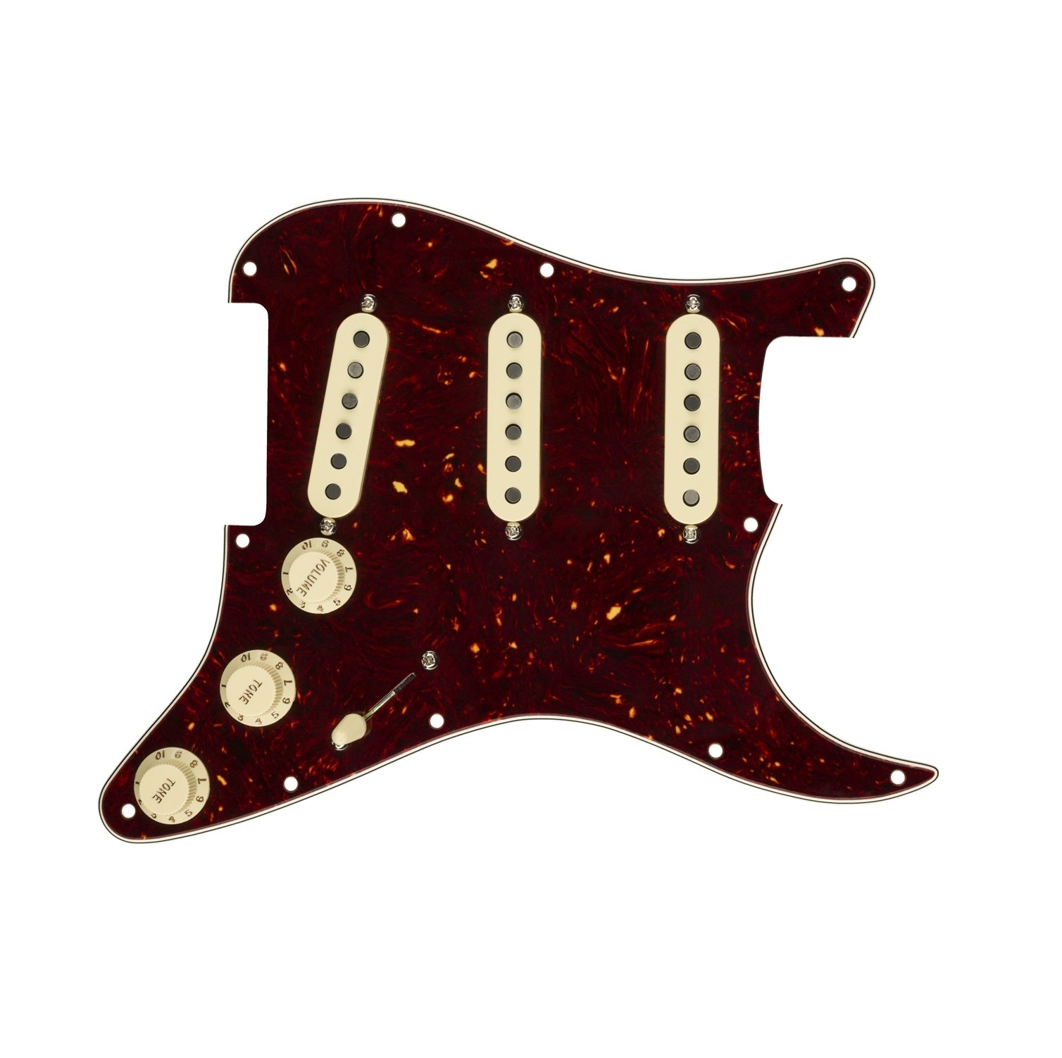 Tortoise shell guitar pickguard with three single-coil pickups, three control knobs, and a switch.