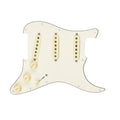 A cream-colored pickguard with three single-coil pickups, three tone knobs, one volume knob, and a toggle switch.
