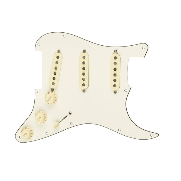 A cream-colored pickguard with three single-coil pickups, three tone knobs, one volume knob, and a toggle switch.