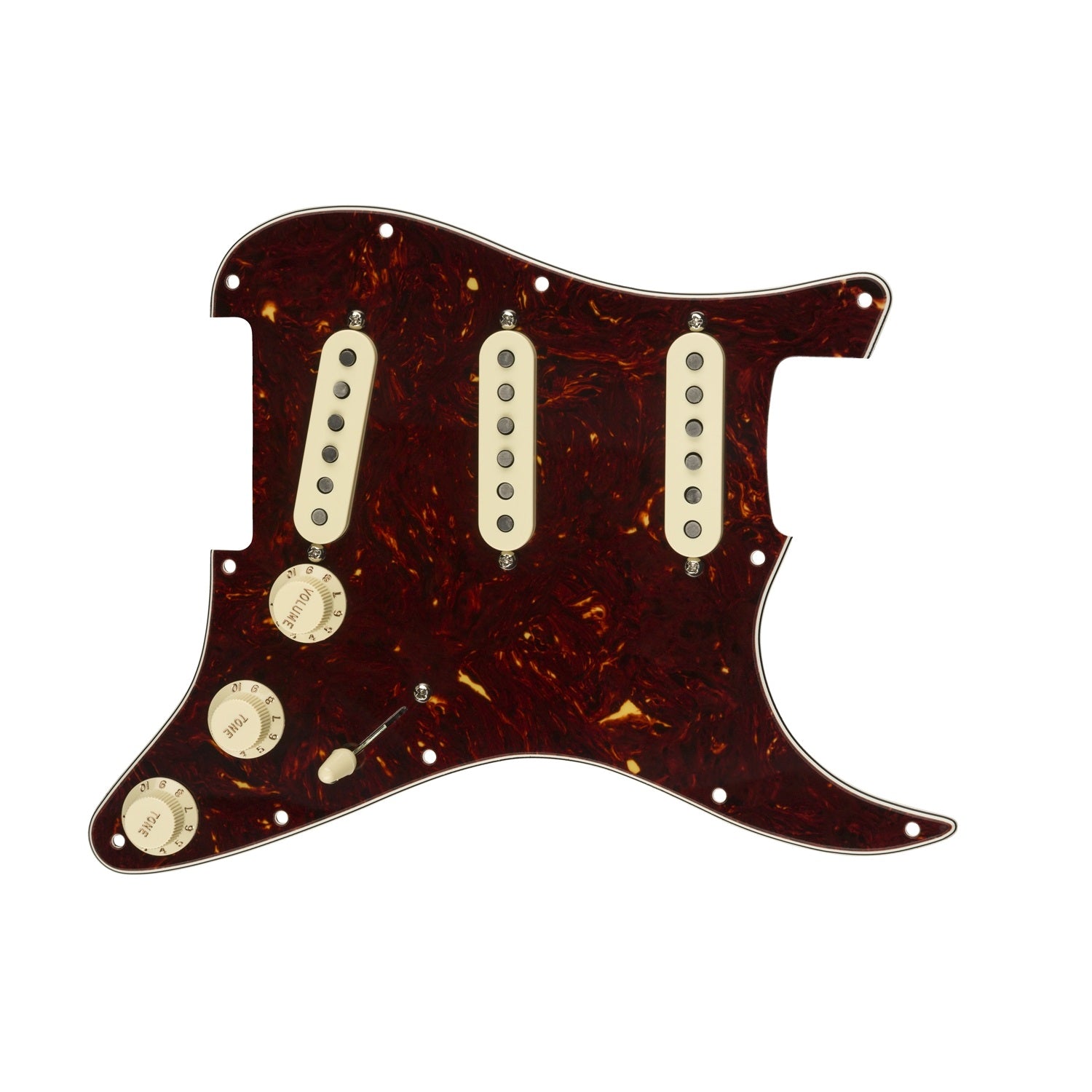 Tortoise shell guitar pickguard pre-wired with three cream single coil pickups, three knobs, and a selector switch.