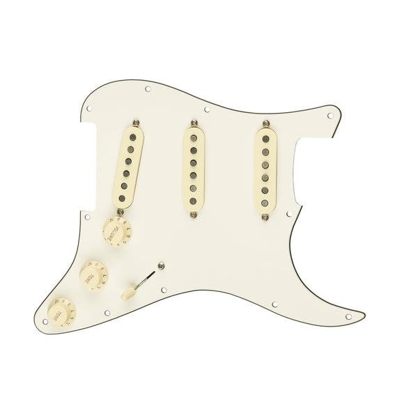 Cream-colored pre-wired guitar pickguard with three single-coil pickups, three control knobs, and a selector switch.