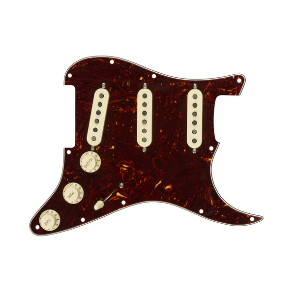 Tortoise shell guitar pickguard with three cream pickups, three control knobs, and a switch.