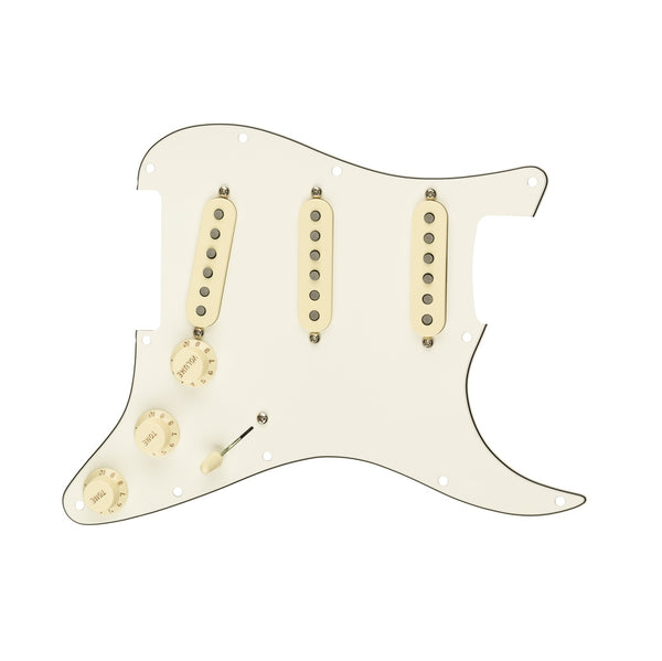 Parchment-colored pre-wired guitar pickguard with three single-coil pickups, three control knobs, and a toggle switch.