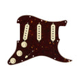 Tortoise shell guitar pickguard pre-wired with three cream noiseless pickups, three knobs, and a toggle switch.