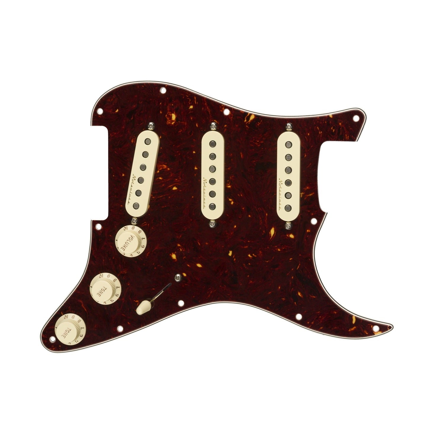 Tortoise shell guitar pickguard pre-wired with three cream noiseless pickups, three knobs, and a toggle switch.