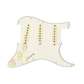Parchment strat-style pickguard with three single-coil pickups, three control knobs, and a toggle switch.