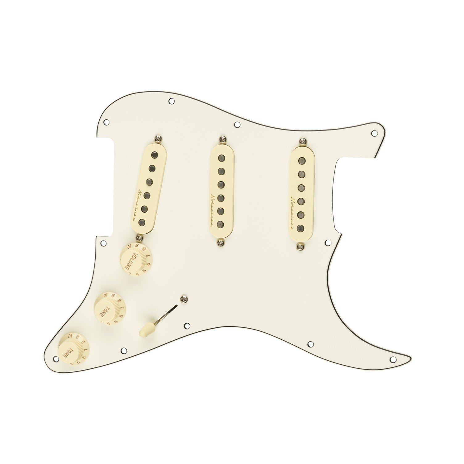 Parchment strat-style pickguard with three single-coil pickups, three control knobs, and a toggle switch.