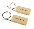 Two beige rectangular guitar pickups each with six pole pieces and two wires with stripped ends.