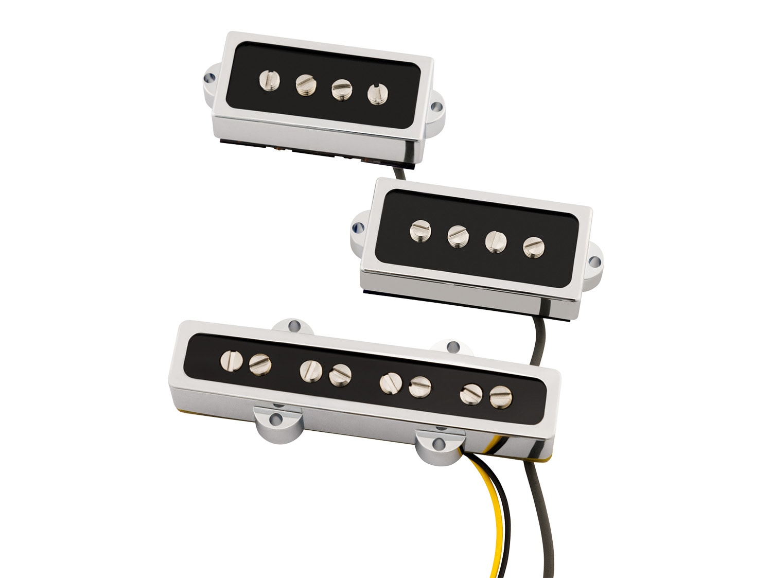 Three silver and black electric guitar pickups with wire leads on a white background.