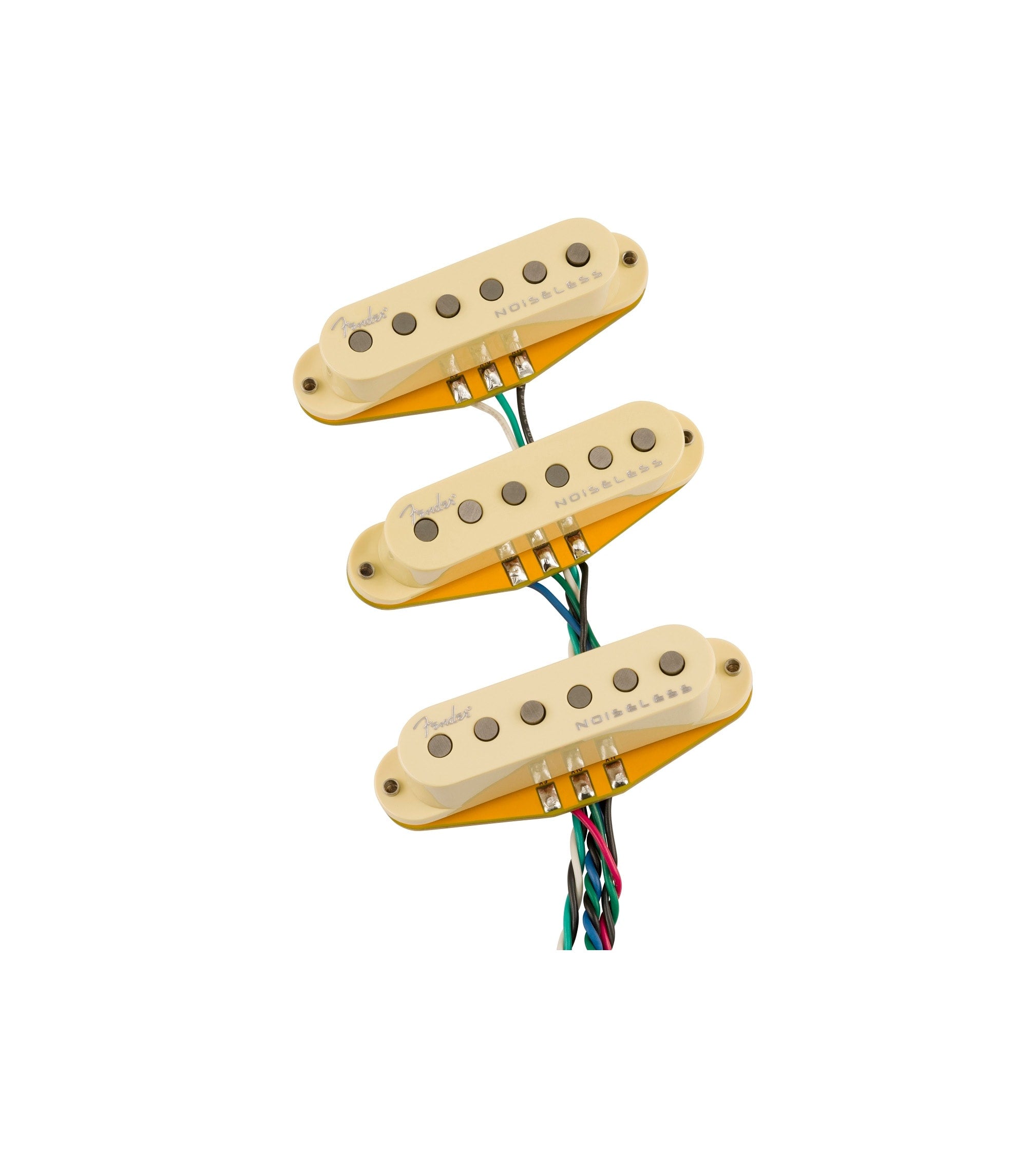 Set of three off-white single-coil pickups with attached colored wires and Fender branding.