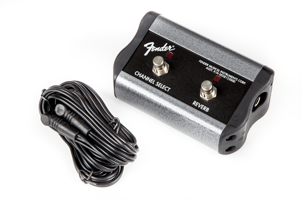 Black and silver Fender footswitch with two buttons labeled Channel Select and Reverb with attached 1/4 inch jack cable.
