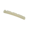 Off-white pre-slotted string nut for a bass guitar shown on white background.