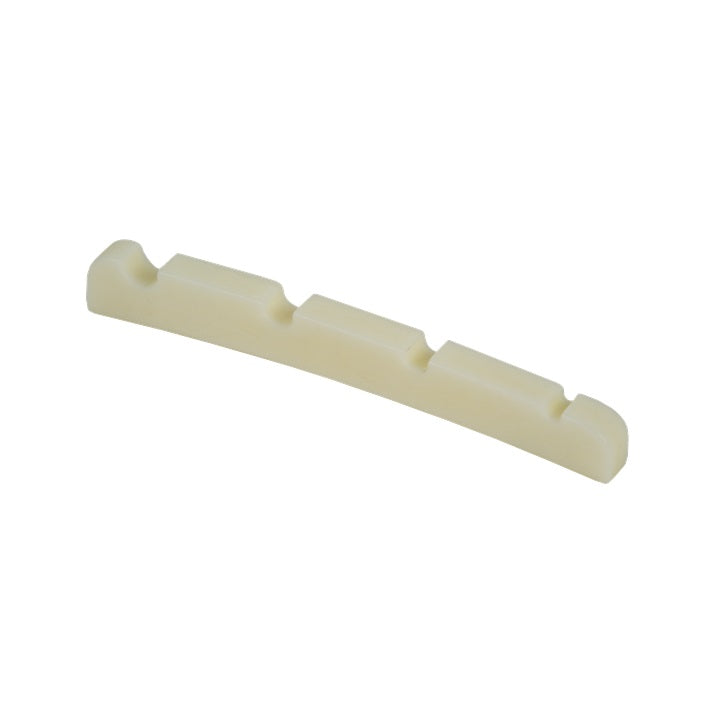 Off-white pre-slotted string nut for a bass guitar shown on white background.