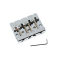 Chrome 4-string bass bridge assembly with adjustable saddles and included Allen wrench on white background.
