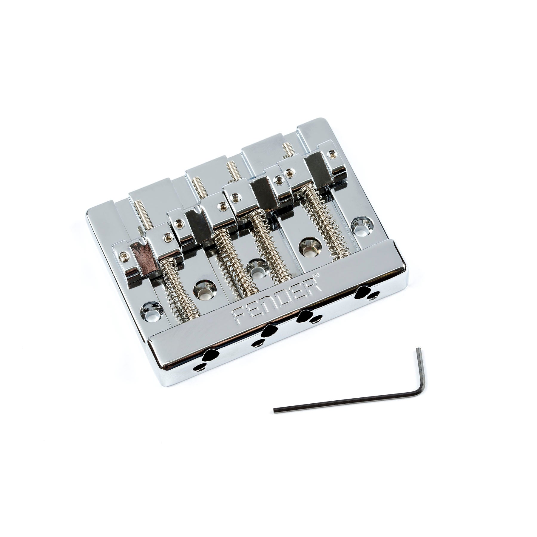 Chrome 4-string bass bridge assembly with adjustable saddles and included Allen wrench on white background.