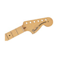 Natural wood guitar neck with metal frets and black dot inlay, headstock labeled Fender Stratocaster.