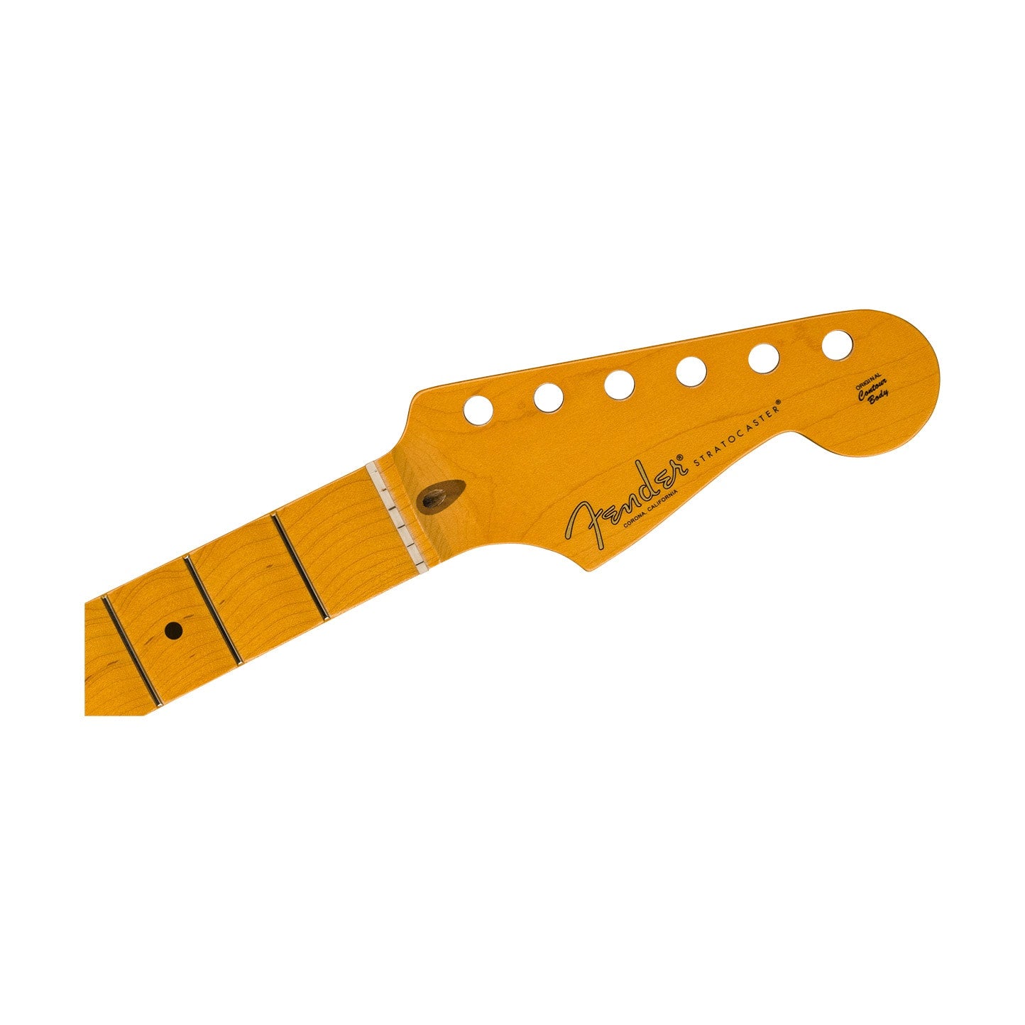 Light brown guitar neck with six tuning peg holes and Fender Stratocaster headstock logo.
