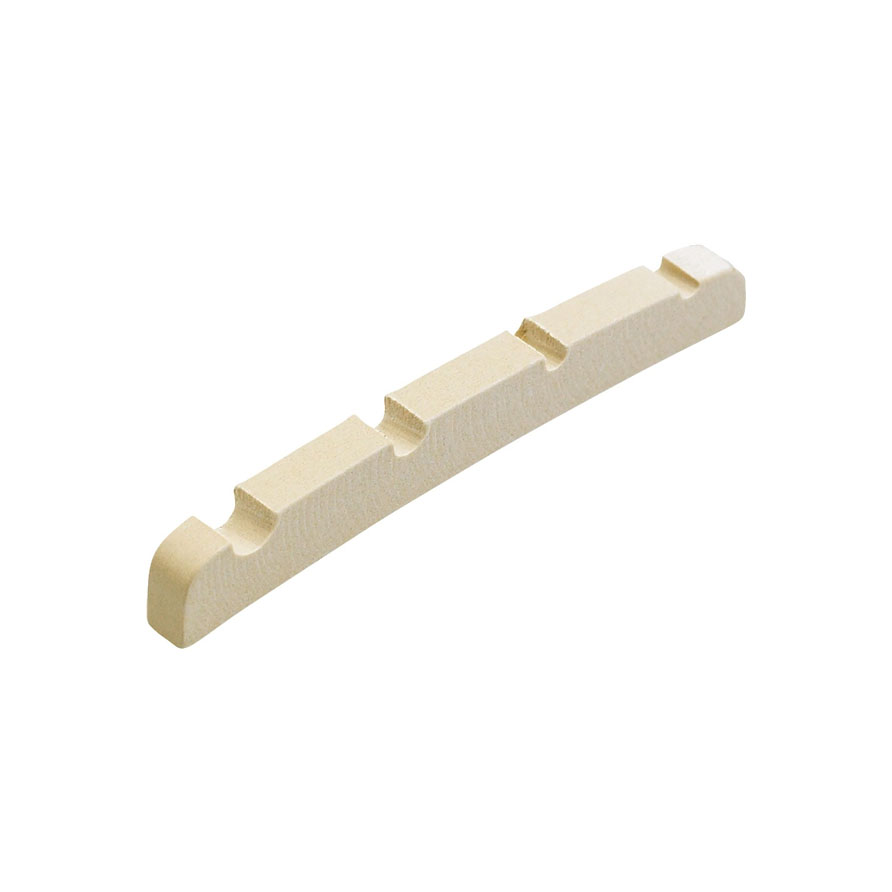 Off-white pre-slotted string nut with four slots on a white background
