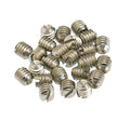 A pile of small silver metal set screws with slotted heads on a white background.