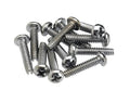 A pile of chrome Phillips head screws with rounded heads on a white background.