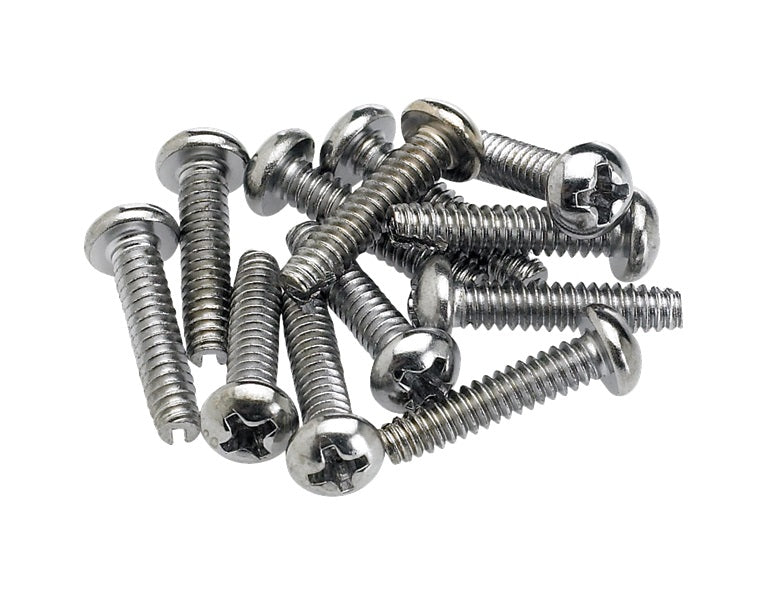 A pile of chrome Phillips head screws with rounded heads on a white background.