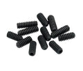 A set of black threaded screws arranged randomly on a white background.