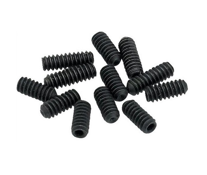 A set of black threaded screws arranged randomly on a white background.
