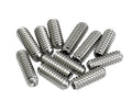 Twelve small silver metal threaded screws arranged loosely on a white background.