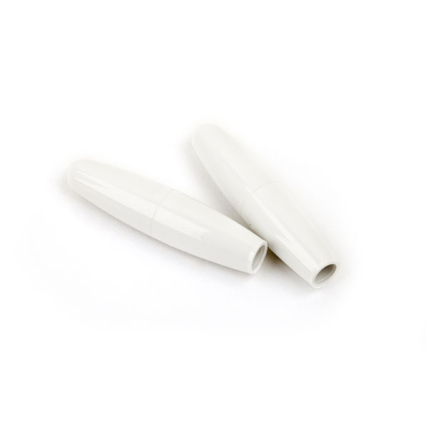 Two white plastic cylindrical tips with hollow openings on one end.