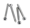 Four silver metal screws with Phillips heads arranged on a white background.
