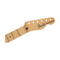 Light brown wooden guitar neck with metal frets and black dot inlay, headstock labeled Fender Telecaster.