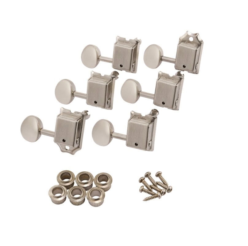 Set of six silver metal guitar tuning machine heads with mounting bushings and screws on white background.