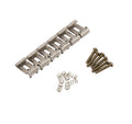 Metal guitar bridge saddles with springs and screws arranged on a white background.