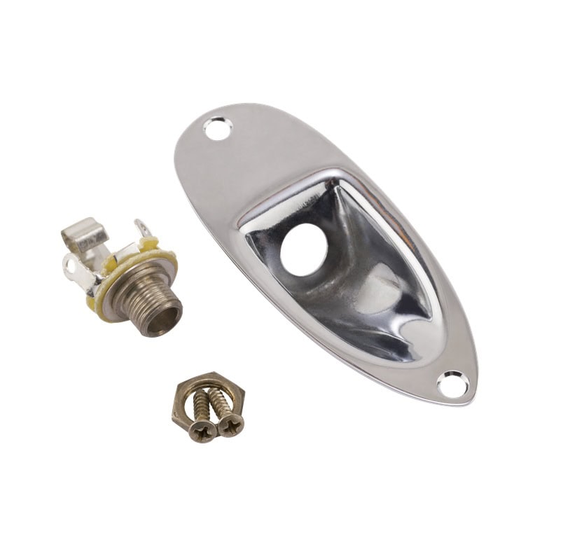 Chromed metal guitar input jack plate with matching input jack and mounting hardware screws and nut.