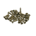 A grouping of metallic Phillips head screws on a white background.