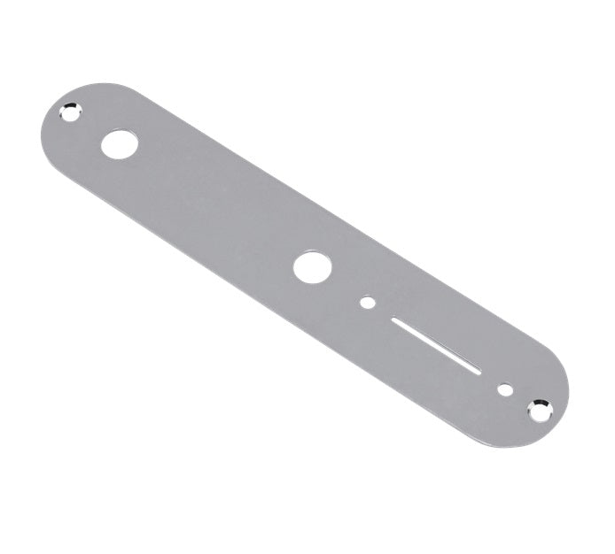 Silver metal control plate with several holes for mounting and controls, shown on white background.